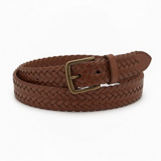 Woven Leather Belt Brown Wide