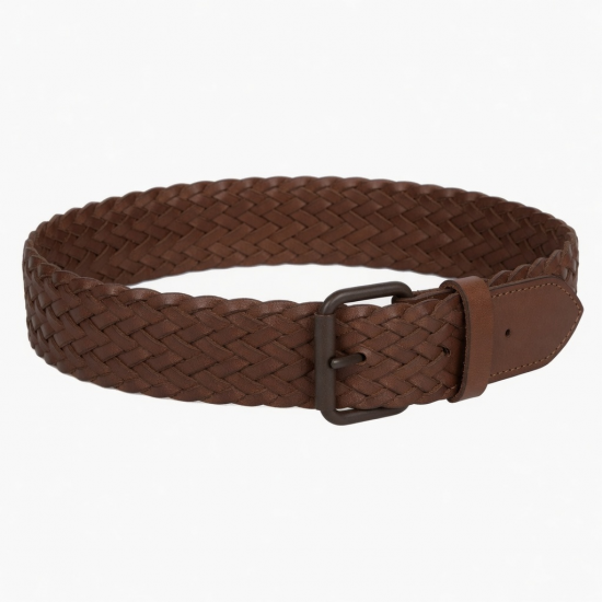 Wide Waist Belt Women's Brown Leather Woven Braided